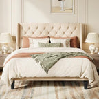 SHA CERLIN Queen Upholstered Bed Frame, Button Tufted Design, Beige