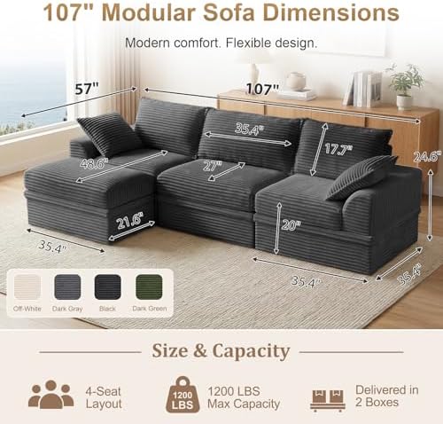 Upgraded Couch with Storage, Sectional Couches for Living Room, L-Shaped Modular Cloud Corduroy Sofa with Ottoman & Pillows, Oversized Deep Seat Memory Foam Couch, No Assembly(Gray, 107" L)