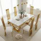 Dining Chairs Set of 6, Luxury Upholstered Boucle Chairs with Slatted Mirrored Polished Metal High Back and Legs, Modern White and Gold Dining Chairs with Breathable Backrest