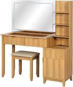 Vanity Desk with Stool, Mirror and Lights 3 Color, Makeup Vanity with Power Outlet, Dressing Table with Drawers, Storage Shelves, Adjustable Brightness, Naturel