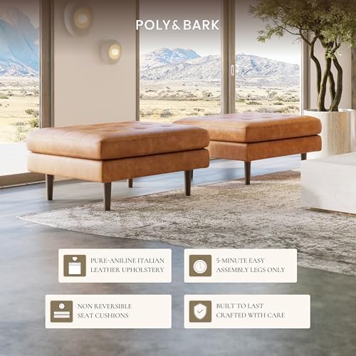 Poly & BARK Napa Ottoman - Full-Grain Leather Upholstered Ottoman with Feather-Down Topper - Couch for Living Room - Vintage Italian Leather in Cognac Tan