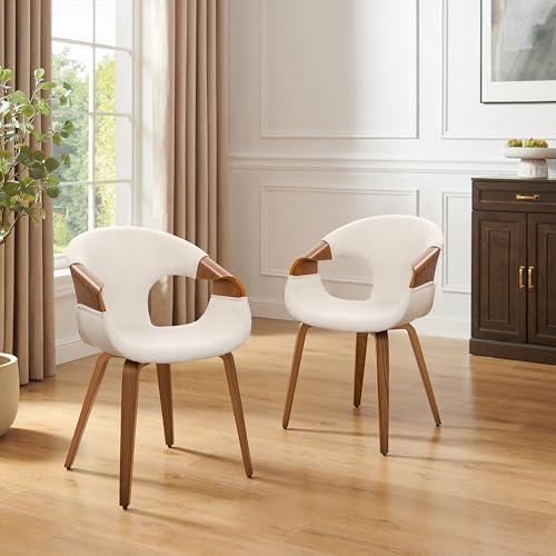Zouron Fabric Dining Chair, Upholstered Chair with Armrest, Accent Chairs with Wood Legs for Kitchen Dining Room Desk, Walnut Wood Veneer, Beige Fabric