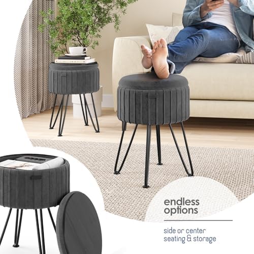 Round Ottoman with Storage, Pleated Velvet Storage Ottoman, Foot Stool Ottomans, Makeup Vanity Stool, Small Ottomans Foot Rest, Modern Vanity Stools for Living Room and Bedroom, Grey
