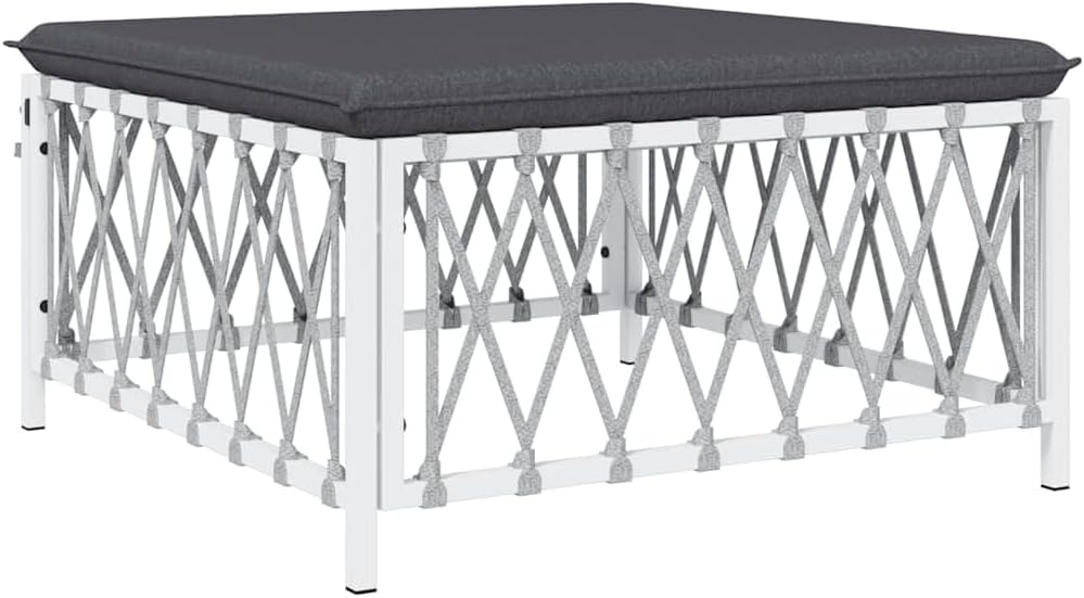 Patio Footstool with Cushion, White Woven Fabric Ottoman, Powder-Coated Steel Frame, Thickly Padded Seat for Garden Relaxation