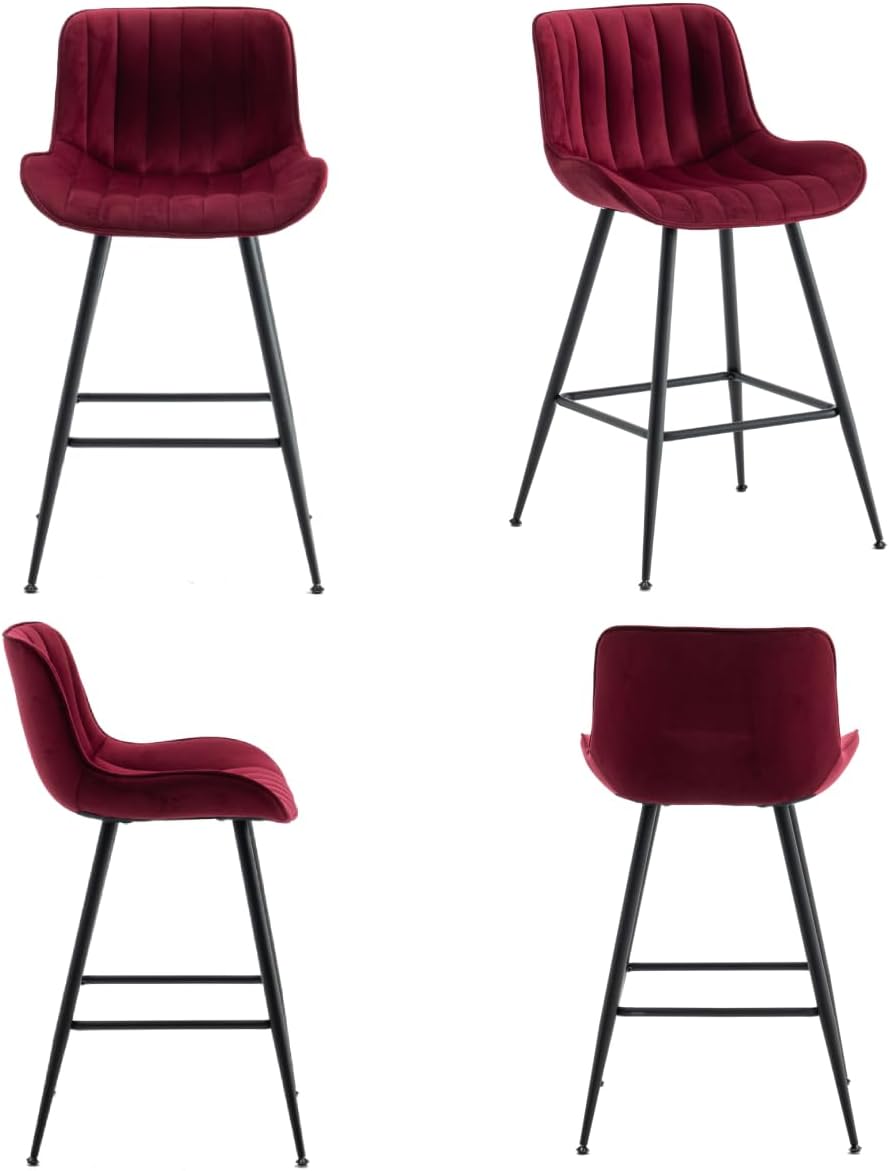 Bar Stools Set of 2 with Velvet Upholstery, Burgundy | Luxury Counter Height Bar Stools with Black Metal Legs 24 Inches Seat Height Barstools with Backs for Kitchen Island