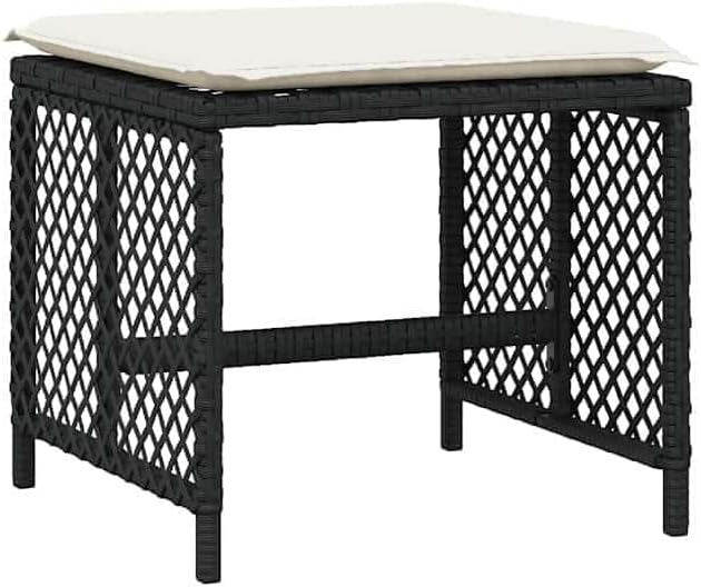 4-Piece Garden Stool Set in Black with Poly Rattan and Powder-Coated Steel, Square Outdoor Seats with Removable Washable Cushion Covers, 14.2-Inch Height for Patio Balcony