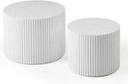 42.52'' White Round Nesting Coffee Table Set of 2 Modern Drum Side End Table for Living Room, Contemporary Wood Circle Embossed Design, No Assembly, White