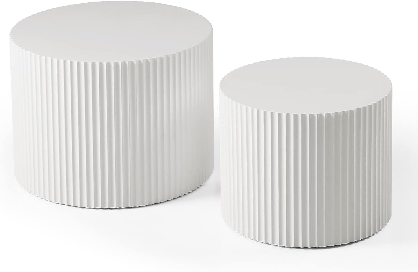 42.52'' White Round Nesting Coffee Table Set of 2 Modern Drum Side End Table for Living Room, Contemporary Wood Circle Embossed Design, No Assembly, White