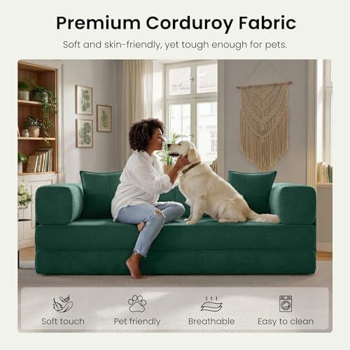 78.8" Convertible Futon Sofa Bed, Couch for Living Room | Corduroy Loveseat Sleeper Sofa, Modular Futon Couch with Storage Pocket, Pull Out Couch No Assembly | Forest Green