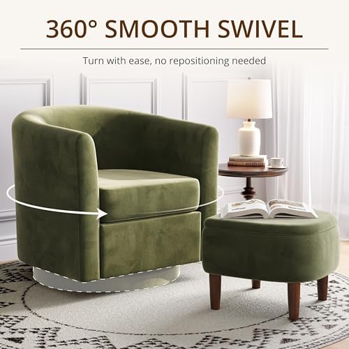 360° Swivel Accent Chair with Storage Ottoman Set of 2 | Small Modern Velvet Barrel Chair, Upholstered Armchair with Footrest for Living Room/Reading/Bedroom, Green