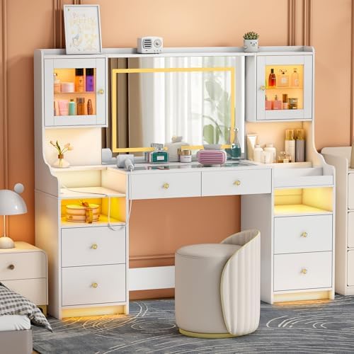 wanan 62" Large White Vanity Desk with Glass Top, Makeup Vanity with Mirror and LED Lights, One-Touch 3 Lighting Modes, Dressing Table with 6 Drawers, 2 Cabinets and Power Outlet for Women, Girls