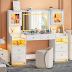 wanan 62" Large White Vanity Desk with Glass Top, Makeup Vanity with Mirror and LED Lights, One-Touch 3 Lighting Modes, Dressing Table with 6 Drawers, 2 Cabinets and Power Outlet for Women, Girls
