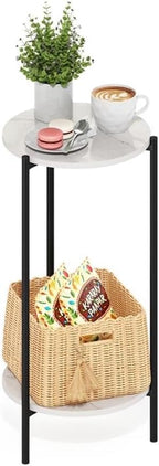 Pemberly Row 2-Tier Modern Round End Table, 11.57 x 11.57 x 23.62 Inches, Composite Wood and Sturdy Metal Legs, White Marble Finish, Space-Saving Design for Living Room or Bedroom