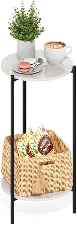 Pemberly Row 2-Tier Modern Round End Table, 11.57 x 11.57 x 23.62 Inches, Composite Wood and Sturdy Metal Legs, White Marble Finish, Space-Saving Design for Living Room or Bedroom
