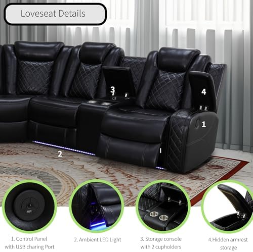 Power Recliner Sofa Sectional Sofa with LED Light for Living Room, Air Leather Reclining Corner Sectional Sofa Set, Cup Holder, Storage Console for Home Theater Seating (Black, Sectional+Chair)