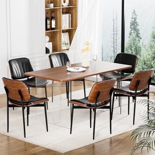 YaFiti Dining Chairs Set of 2, Mid Century Modern PU Leather Kitchen Chairs | Ergonomic Walnut Backrest, Upholstered Waterproof Faux Leather Seat, Stable Metal Legs, Adjustable Footpads, Black Scallop