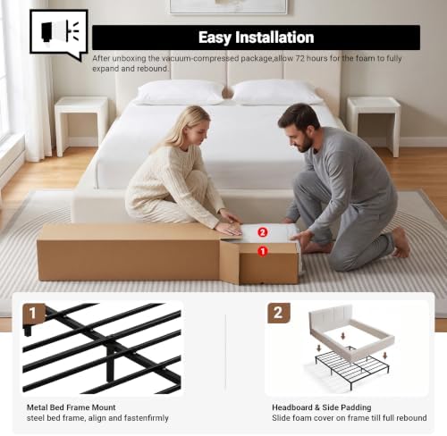 Queen Upholstered Bed Frame w/ Channel Headboard, Cloud Platform Bed Frame