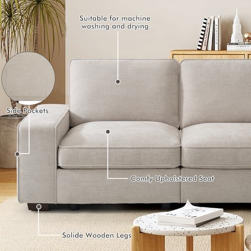 TEKAMON 73" Loveseat Sofa with Seat Storage, 2-Seater Modular Sofa Couch for Living Room, Chenille Fabric, Solid Wood Frame, Spring Cushions, USB Charging, Removable Covers, Side Pockets, Beige