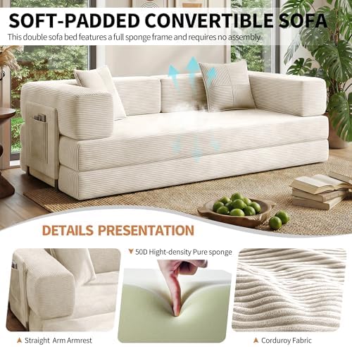 78.8" Couch for Living Room, Futon Sleeper Sofa Bed | Convertible Sofa Bed, Corduroy Pull Out Couch Loveseat with Storage Pocket, Modular Design, No Assembly, White