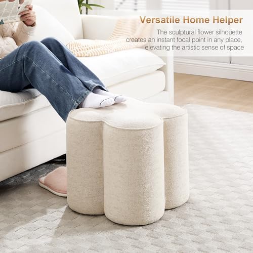 Zesthouse Flower Pouf Ottomans Foot Rest Set of 2, Linen Poofy Ottomans | Large Ottoman Footstool for Couch, Modern Living Room Stool Seat, Cute Square Vanity Stool for Bedroom, Beige Dorm Foot Stool