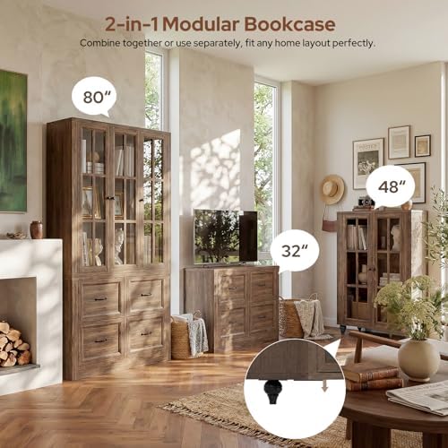 80" Modular Kitchen Pantry Cabinet, 2-in-1 Freestanding Tall Pantry Cabinet with Glass Doors & Adjustable Shelves, Large Hutch Storage Cabinet for Kitchen & Living Room (2, Cracked Oak, AB)