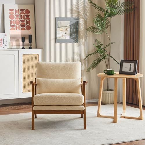 Karl home Mid-Century Lounge Accent Chair, Khaki | Wide Curved Armrest, Teddy Fleece, Lumbar Pillow Included, Solid Wood Frame, For Living Room, Bedroom, Balcony, Apartment