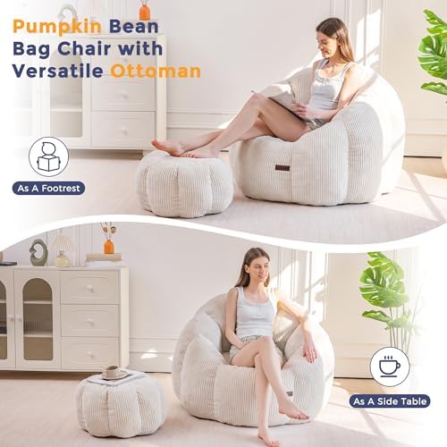 MAXYOYO Bean Bag Chair with Ottoman, Giant Pumpkin Lounge Chair for Adults | Oversized Bean Bag Chair with Footstool, Comfy and Lazy Lounge Chair for Dorm, Living Room, Bedroom, Beige
