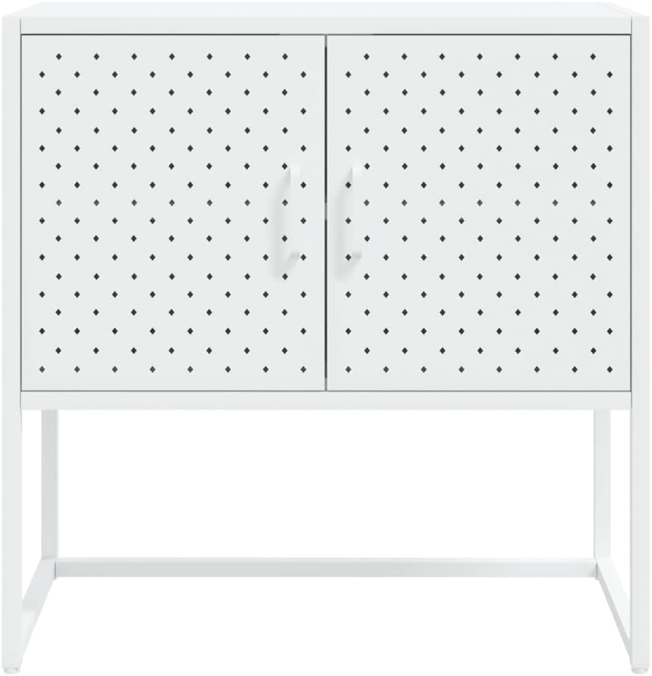 White Steel Sideboard with Adjustable Levelers, Modern Rectangular Storage Cabinet for Living Room and Dining Room, Sleek Design with Single Shelf, Sturdy Powder-Coated Steel