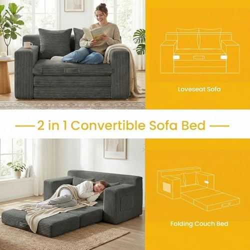 Couch, Loveseat Sleeper Sofa Bed – 3-in-1 Convertible Couch Bed with Side Pockets & Handle,Pull Out Corduroy Futon for Small Space,Living Room & Bedroom,2 Pillows Included,No Assembly