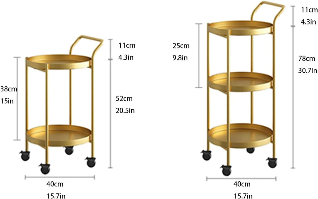 Round Side Table Metal End Coffee Table with Wheel Movable Tray Sofa Cart(Gold,2 Tier)