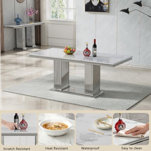 HomVent 68'' Silver Faux Marble Dining Table Set with 6 Grey Velvet Chair | Modern Rectangle Kitchen Table Set of 6 with Faux Marble Table Top & Stainless Steel Base Dining Set for Kitchen Dining Room