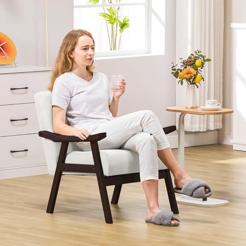 COMHOMA Accent Chair, Mid Century Modern Chair with Solid Wood Armrest, Comfy Upholstered Reading Armchair for Living Room, Bedroom, Balcony (Brown Curved Armrests, Beige)