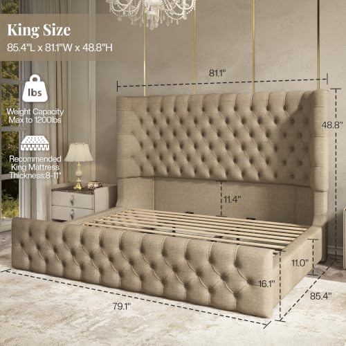 Jocisland King Bed Frame Upholstered Wingback Headboard & Footboard,Khaki