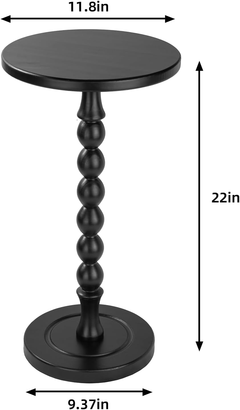 Round Side Table for Small Spaces, Drink Table with Oak Wood Pedestal, Modern End Table Nightstand for Living Room, Bedroom, Office, and Corners, Tool-Free Assembly, Black