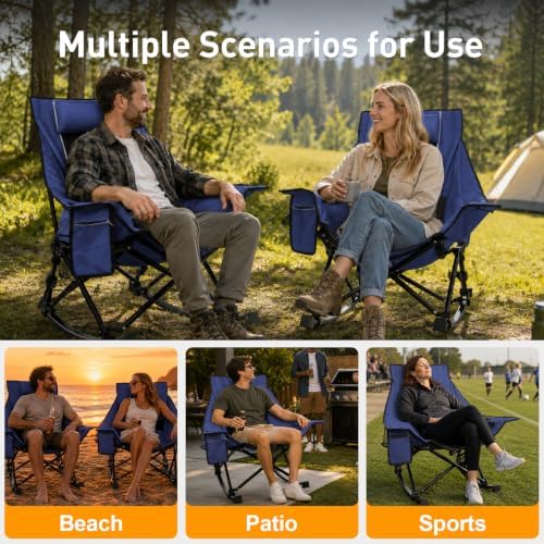 Slendor Oversized Rocking Camping Chair, High Backrest Folding Chair, Blue | 37" Wide, 330lbs | Smooth U-Shape Rocking Base | 600D Oxford, Removable Pillow | Side Pocket, Carry Bag, Quick-Fold