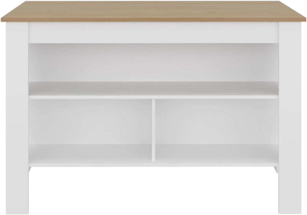 Kitchen Island with Open Storage Shelves for Home Organization | White and natural oak finish with open shelving for access