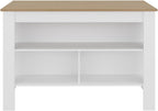 Kitchen Island with Open Storage Shelves for Home Organization | White and natural oak finish with open shelving for access