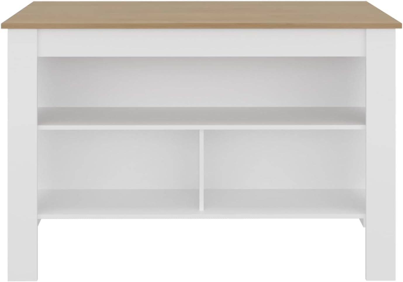 Kitchen Island with Open Storage Shelves for Home Organization | White and natural oak finish with open shelving for access