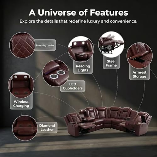 A Ainehome Power LED Reclining Sectional Sofa Set, Living Room Power Recliner Adjustable Sofa, Loveseat and Chair with Storage Console for Home/Office(A-Brown)