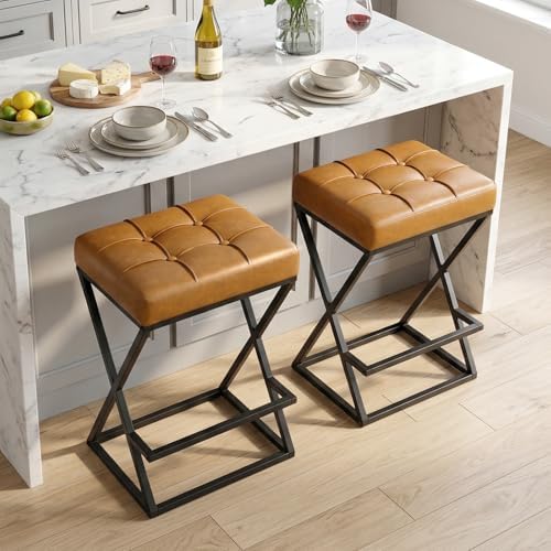 Bar Stools Set of 2, 26 Inch Counter Height Stool Faux Leather Brown | Backless Counter Stools with X-Frame Metal Legs, 3.3" Upholstered Seat, Mid-Century Modern, for Kitchen Island, Home Bar