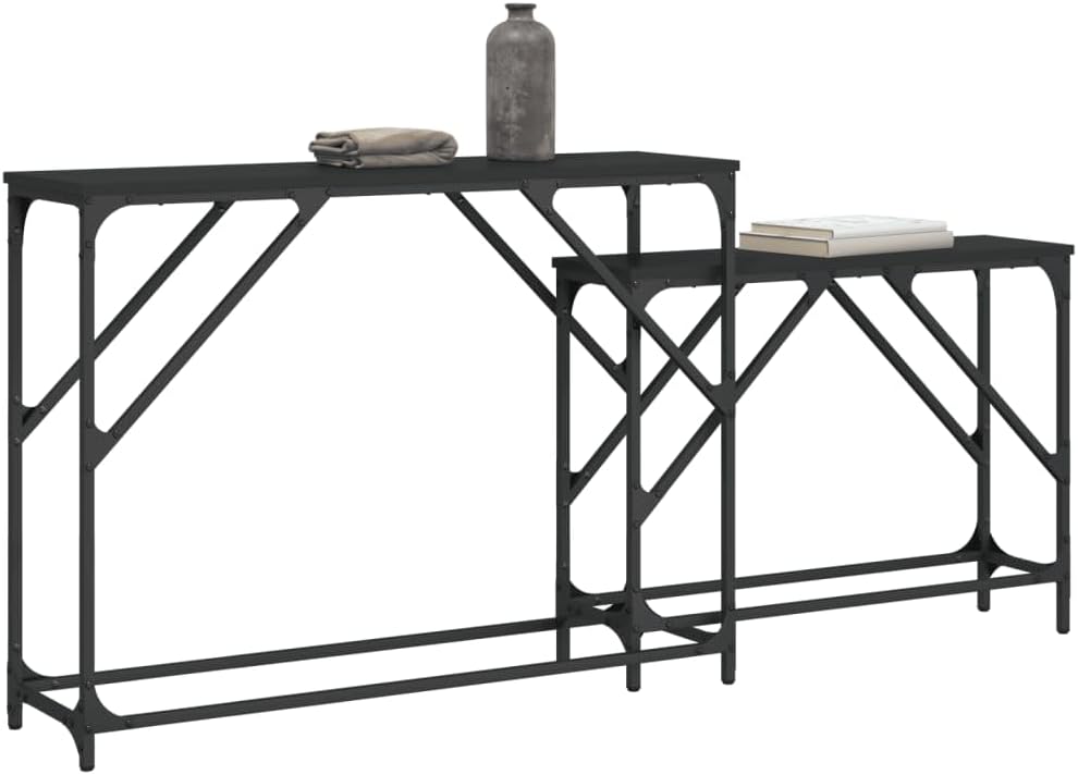 Nesting Console Tables 2 pcs Black Engineered Wood | Space-Saving Nesting Design, Sturdy Metal Frame, Easy to Clean, Versatile for Living Room, Hallway, Office