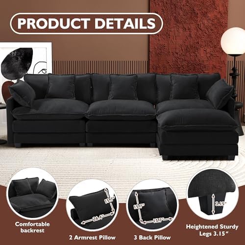 Ihanherry 111.4" L Shaped Modern Sofa Modular Sectional Cloud Couch with Ottoman, 4-Seat Chenille Deep Seat Sofa with Pillow for Living Room, Bedroom and Apartment, Black