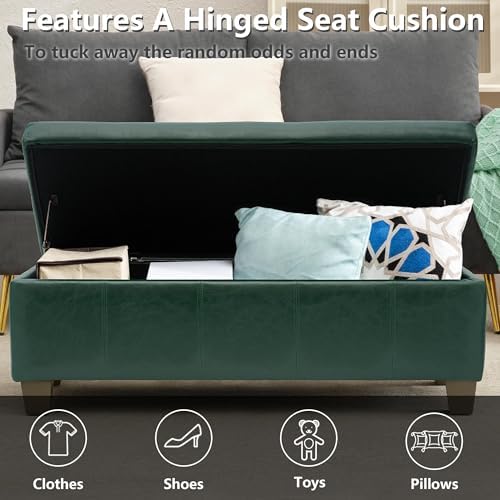 51 Inch Storage Ottoman, Storage Bench with Safety Hinge, Upholstered Synthetic Leather Ottoman Bench for Bedroom, Living Room, Entryway, Hallway, Foot Rest, Support 500lbs