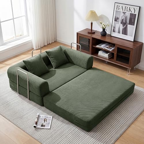 53.15'' Convertible Compressed Corduroy Folding Cloud Sofa Bed, Modern Pull Out Loveseat Sleeper in a Box, 4 in 1 Floor Mattress Futon Cloud Couch, No Assembly Needed, Green, 2 Pillows, Full