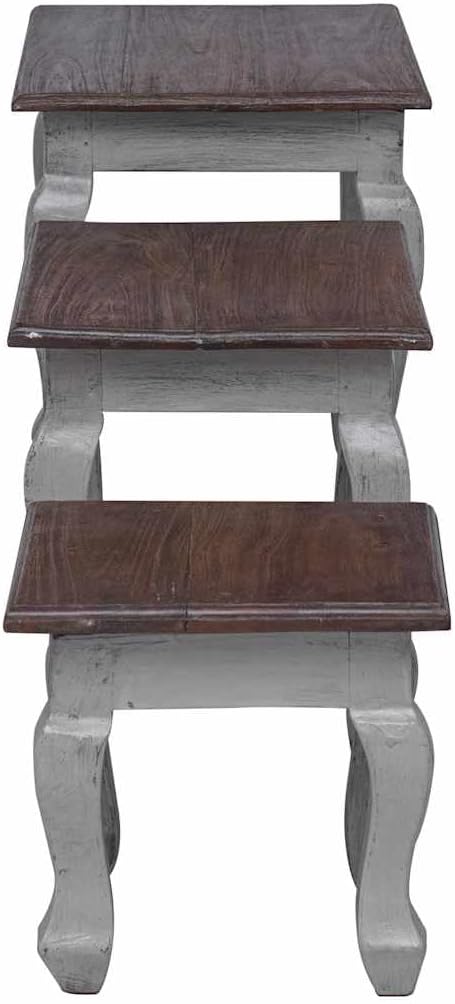 Nesting Table Set 3 Pieces Solid Mahogany Wood | Antique Style, Handmade Vintage, 3 Different Sizes, Durable Side Tables for Living Room