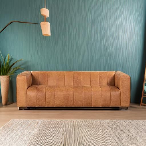 POLY & BARK Canale Sofa – 86" Channel-Tufted Italian Leather Couch – Cognac Tan Full-Grain Pure-Aniline or Semi-Aniline Leather, Solid Wood Frame & Legs