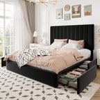 Allewie Queen Size Storage Bed Frame, Vertical Channel Tufted Adjustable Headboard, Velvet Upholstered Platform Bed with 4 Oversized Underbed Drawers, Wooden Slats Support, No Box Spring Needed, Black