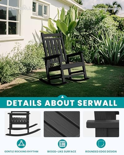 SERWALL Outdoor Rocking Chair Set of 4, HDPE Rocker for Adults, Black | 21.1" Widened Seat adds Extra Comfort, Oversized Rocking Chair for Adults, All Weather Porch Rocker for Lawn Garden