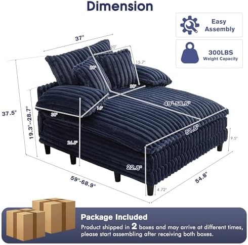 WESTSETLUX 54.8" W Oversized Chaise Lounge Chair Indoor with 5-Position Adjustable Backrest, Plush Sleeper Sofa Bed with Pillows, Upholstered Cloud Couch Chair for Living Room, Study Room, Navy Blue