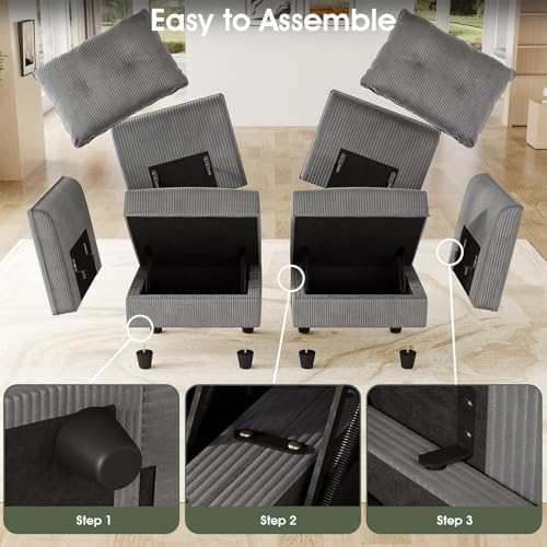 LLappuil 11-Seat Modular Sectional Sofa with Storage, Oversized V-Shaped Corduroy Couch with 10 Throw Pillows, Pet-Friendly Convertible Pit Sofa for Large Living Room, Skin-Friendly, Grey